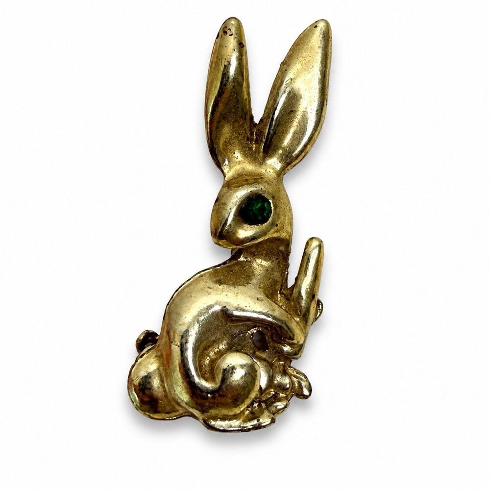 Vintage Gold Tone Rabbit Bunny Brooch Pin Green Rhinestone Eye Figural